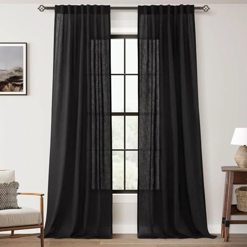 Brand New Nanspring Black Linen Semi-Sheer Light-Filtering Curtains – Set of 2